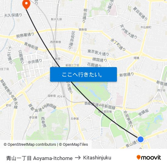 青山一丁目 Aoyama-Itchome to Kitashinjuku map