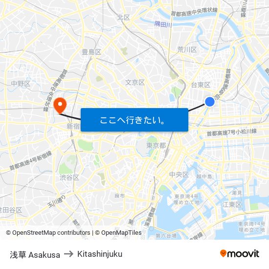 浅草 Asakusa to Kitashinjuku map