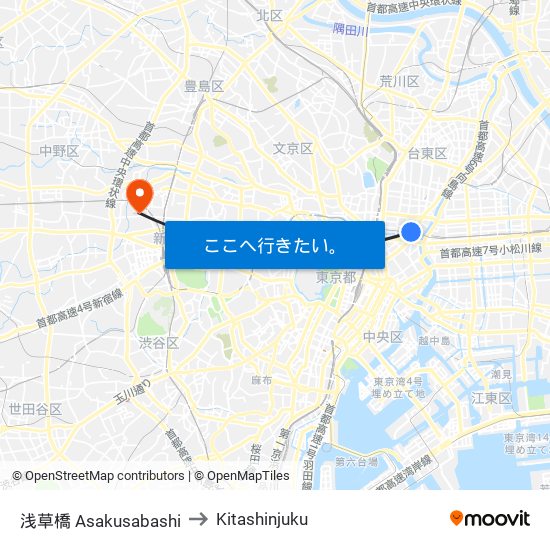 浅草橋 Asakusabashi to Kitashinjuku map