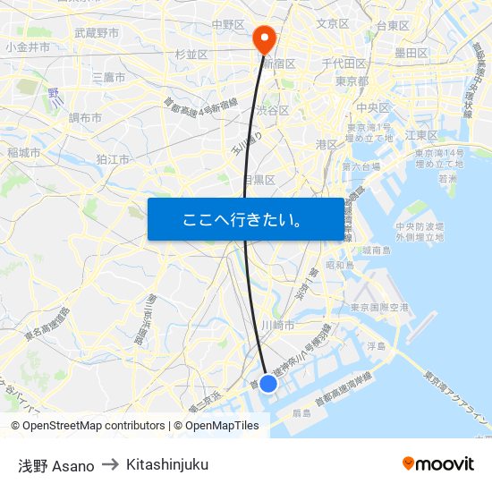浅野 Asano to Kitashinjuku map