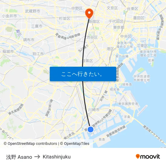 浅野 Asano to Kitashinjuku map