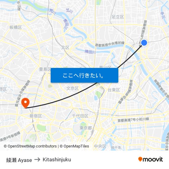 綾瀬 Ayase to Kitashinjuku map