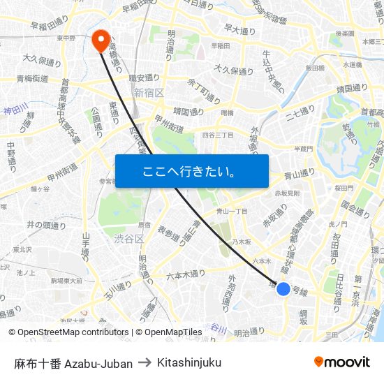 麻布十番 Azabu-Juban to Kitashinjuku map