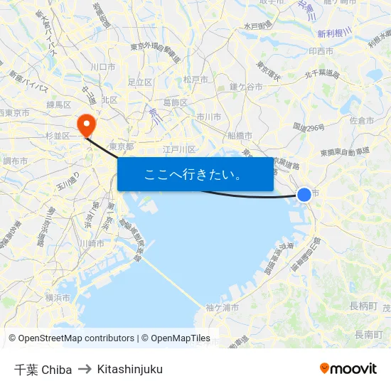 千葉 Chiba to Kitashinjuku map