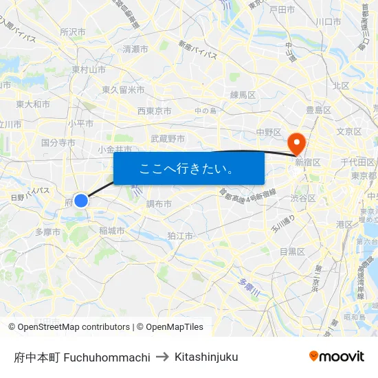 府中本町 Fuchuhommachi to Kitashinjuku map
