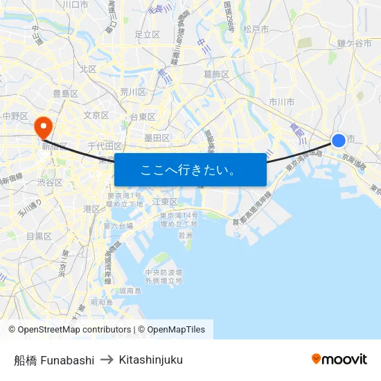 船橋 Funabashi to Kitashinjuku map