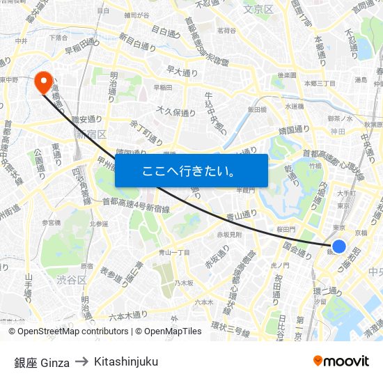 銀座 Ginza to Kitashinjuku map