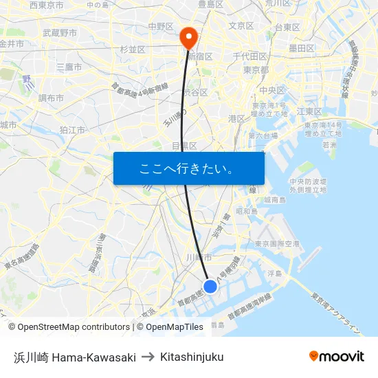 浜川崎 Hama-Kawasaki to Kitashinjuku map