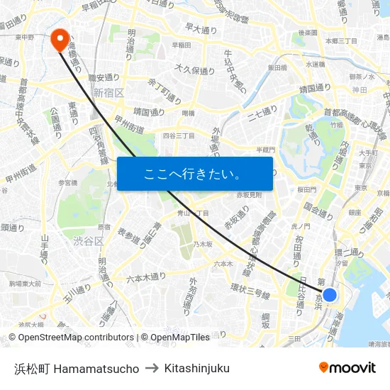 浜松町 Hamamatsucho to Kitashinjuku map