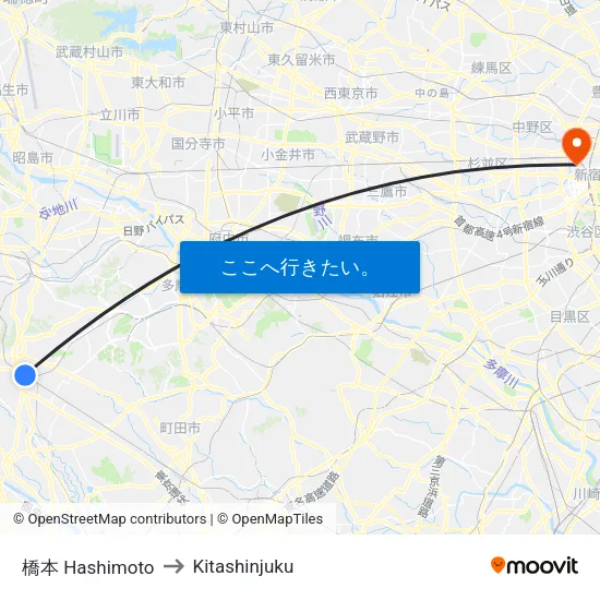 橋本 Hashimoto to Kitashinjuku map