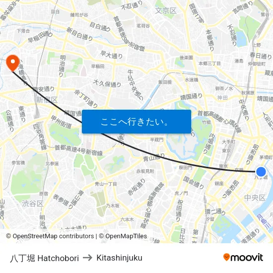 八丁堀 Hatchobori to Kitashinjuku map