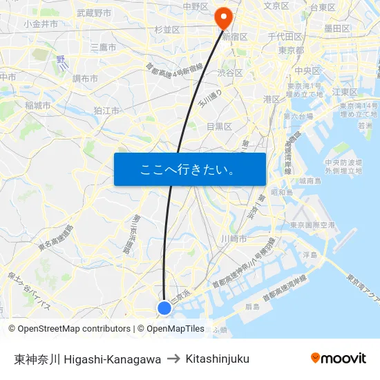 東神奈川 Higashi-Kanagawa to Kitashinjuku map