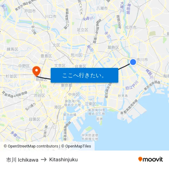 市川 Ichikawa to Kitashinjuku map