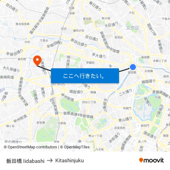 飯田橋 Iidabashi to Kitashinjuku map
