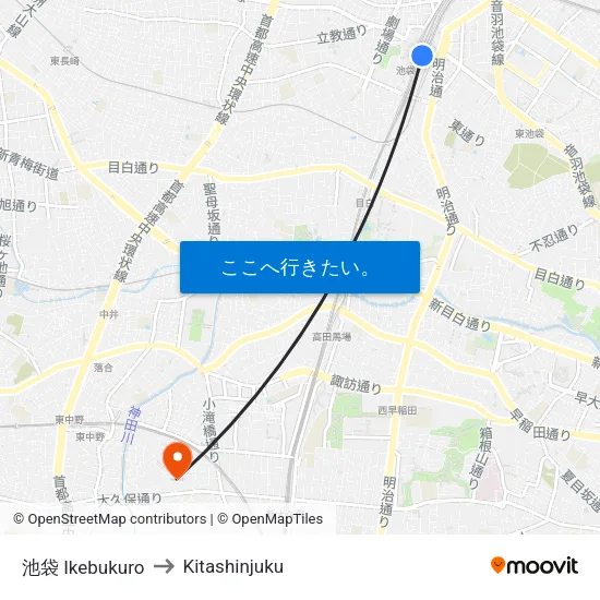 池袋 Ikebukuro to Kitashinjuku map