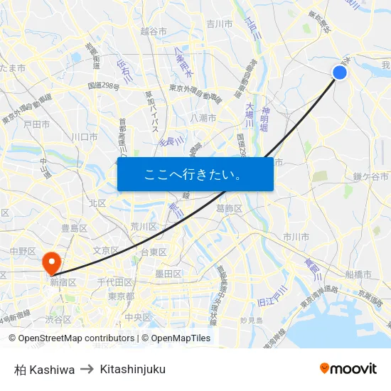 柏 Kashiwa to Kitashinjuku map