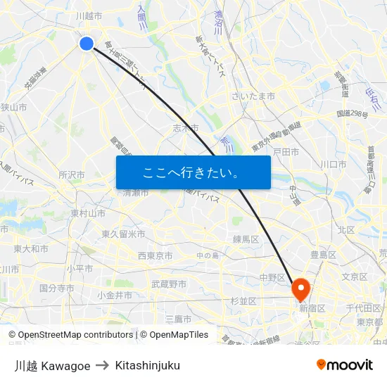 川越 Kawagoe to Kitashinjuku map