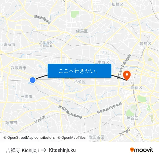 吉祥寺 Kichijoji to Kitashinjuku map