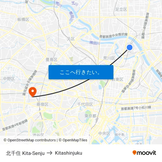 北千住 Kita-Senju to Kitashinjuku map