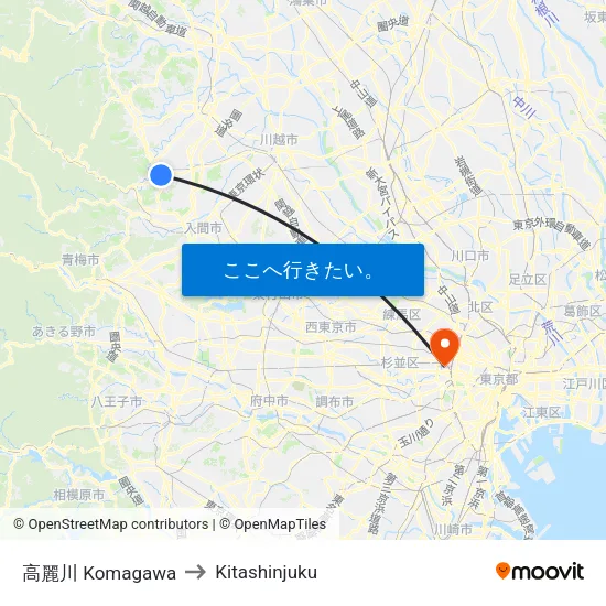 高麗川 Komagawa to Kitashinjuku map