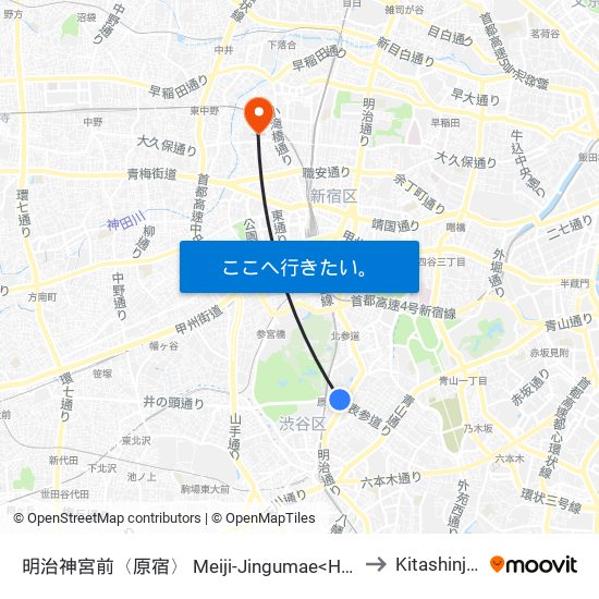 明治神宮前〈原宿〉 Meiji-Jingumae<Harajuku> to Kitashinjuku map