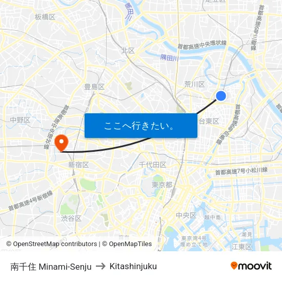 南千住 Minami-Senju to Kitashinjuku map