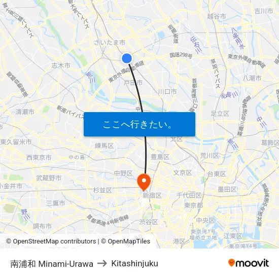 南浦和 Minami-Urawa to Kitashinjuku map