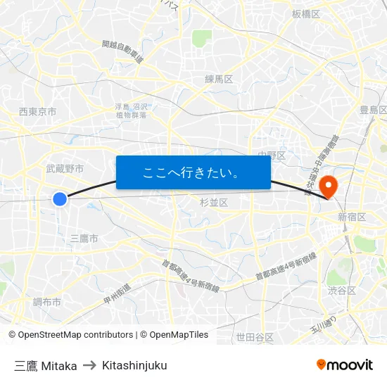 三鷹 Mitaka to Kitashinjuku map