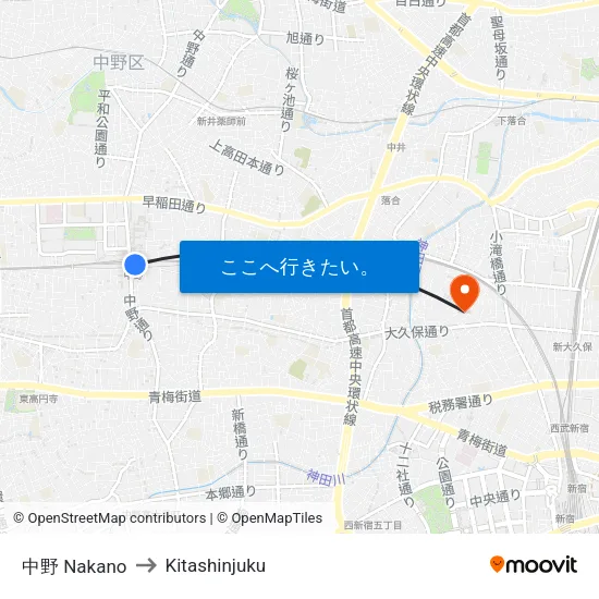 中野 Nakano to Kitashinjuku map