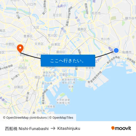 西船橋 Nishi-Funabashi to Kitashinjuku map
