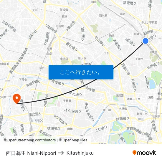 西日暮里 Nishi-Nippori to Kitashinjuku map