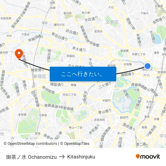 御茶ノ水 Ochanomizu to Kitashinjuku map