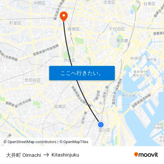 大井町 Oimachi to Kitashinjuku map