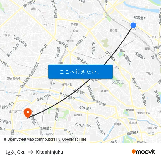 尾久 Oku to Kitashinjuku map
