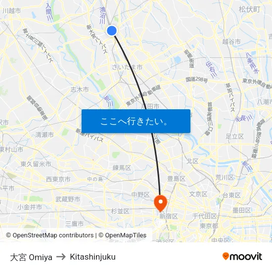 大宮 Omiya to Kitashinjuku map