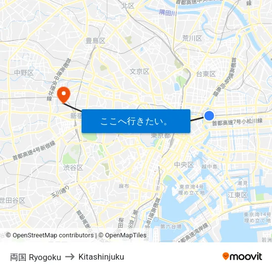 両国 Ryogoku to Kitashinjuku map