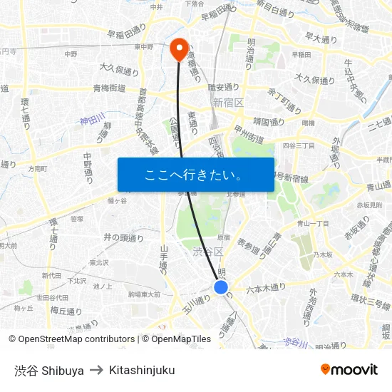 渋谷 Shibuya to Kitashinjuku map