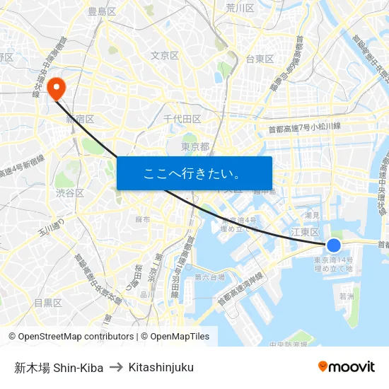 新木場 Shin-Kiba to Kitashinjuku map
