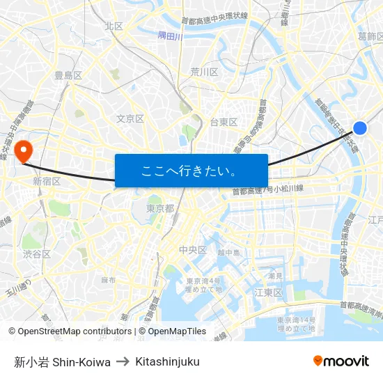 新小岩 Shin-Koiwa to Kitashinjuku map