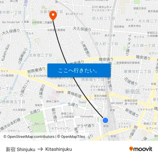 新宿 Shinjuku to Kitashinjuku map