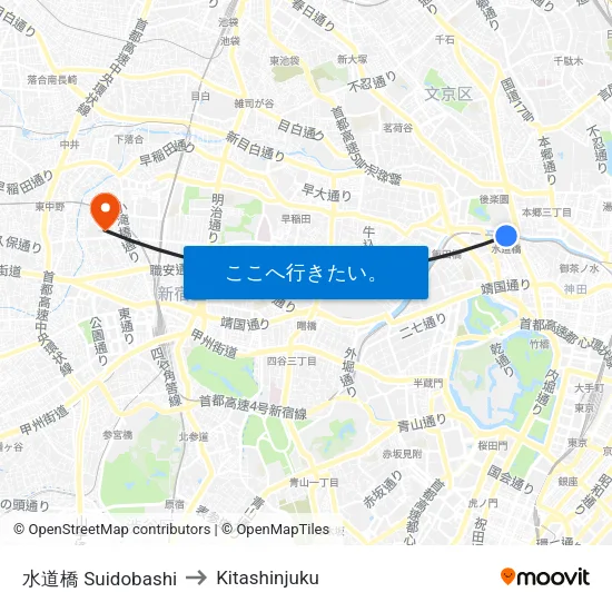 水道橋 Suidobashi to Kitashinjuku map
