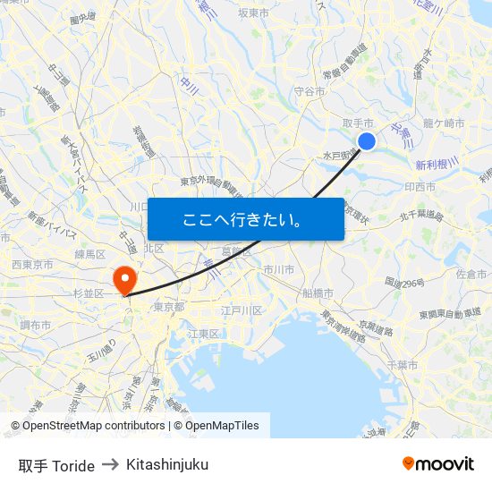 取手 Toride to Kitashinjuku map