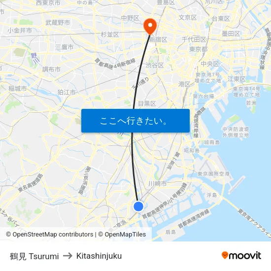 鶴見 Tsurumi to Kitashinjuku map
