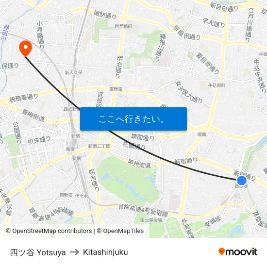 四ツ谷 Yotsuya to Kitashinjuku map