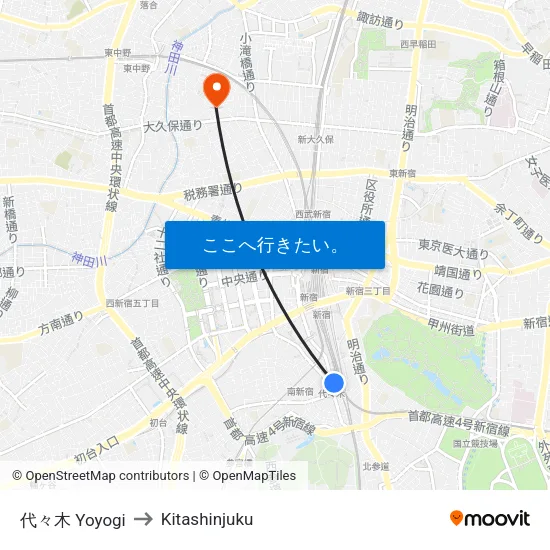 代々木 Yoyogi to Kitashinjuku map