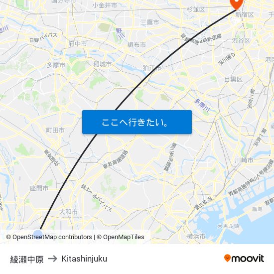 綾瀬中原 to Kitashinjuku map