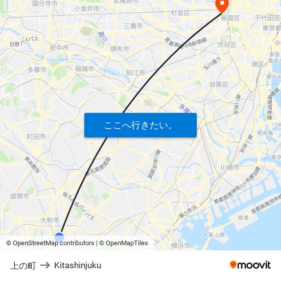 上の町 to Kitashinjuku map