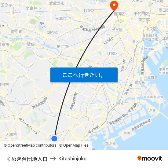 くぬぎ台団地入口 to Kitashinjuku map