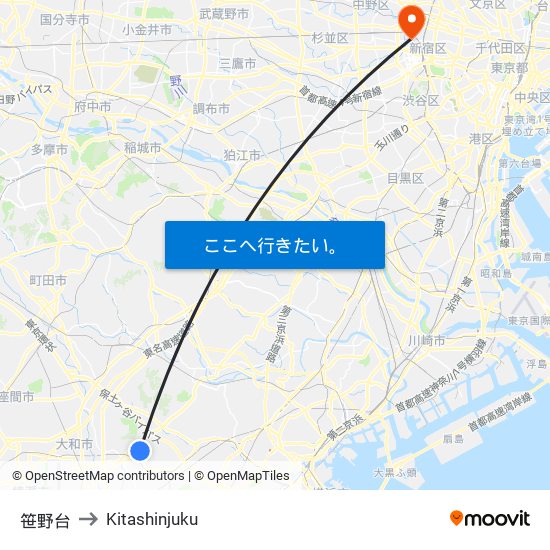 笹野台 to Kitashinjuku map