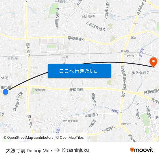 大法寺前 Daihoji Mae to Kitashinjuku map